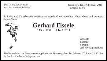 Traueranzeige von Gerhard Eissele von Eßlinger Zeitung/Cannstatter Zeitung