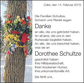 Traueranzeige von Dorothee Schultze von Eßlinger Zeitung/Cannstatter Zeitung