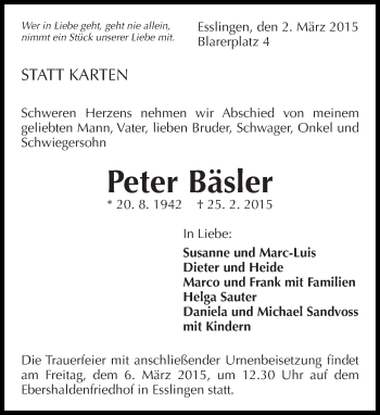 Traueranzeige von Peter Bäsler von Eßlinger Zeitung/Cannstatter Zeitung