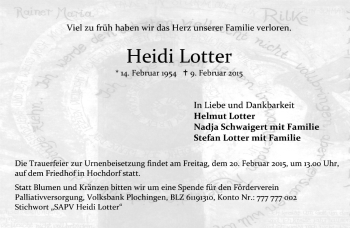 Traueranzeige von Heidi Lotter von Eßlinger Zeitung/Cannstatter Zeitung
