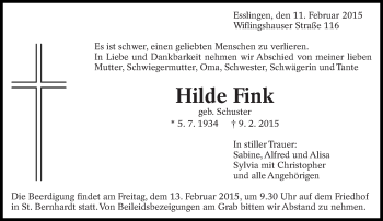 Traueranzeige von Hilde Fink von Eßlinger Zeitung/Cannstatter Zeitung