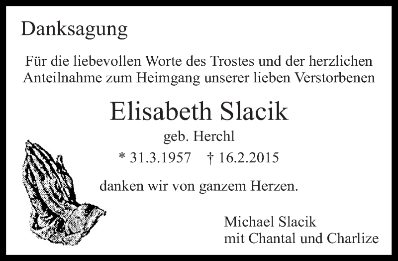  Traueranzeige für Elisabeth Slacik vom 07.03.2015 aus Eßlinger Zeitung/Cannstatter Zeitung