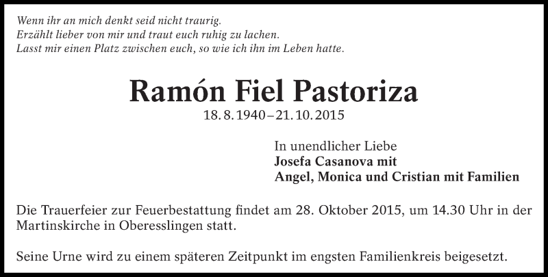  Traueranzeige für Ramón Fiel Pastoriza vom 24.10.2015 aus Eßlinger Zeitung/Cannstatter Zeitung