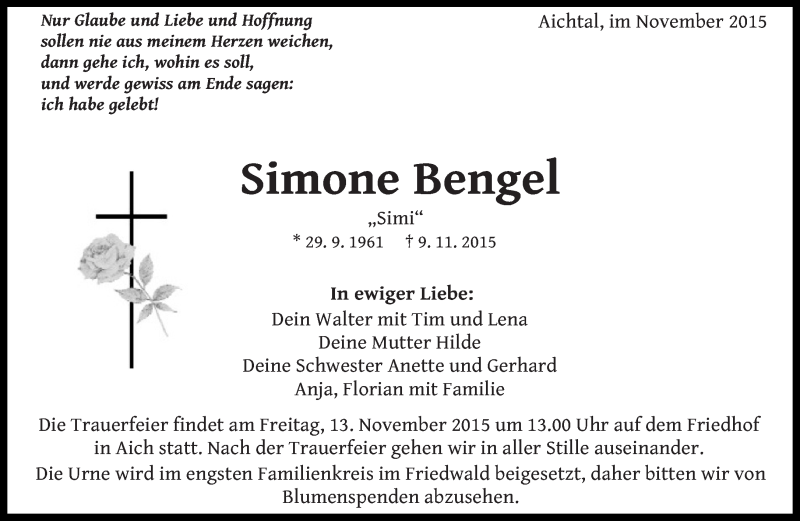  Traueranzeige für Simone Bengel vom 11.11.2015 aus Eßlinger Zeitung/Cannstatter Zeitung