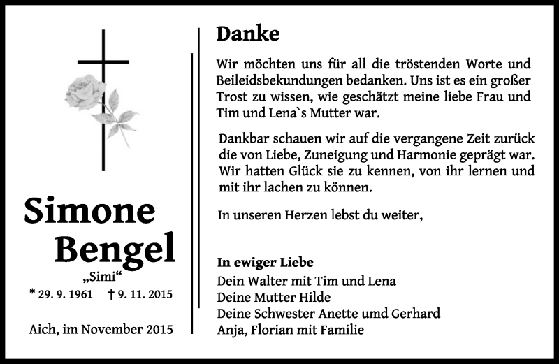  Traueranzeige für Simone Bengel vom 21.11.2015 aus Eßlinger Zeitung/Cannstatter Zeitung