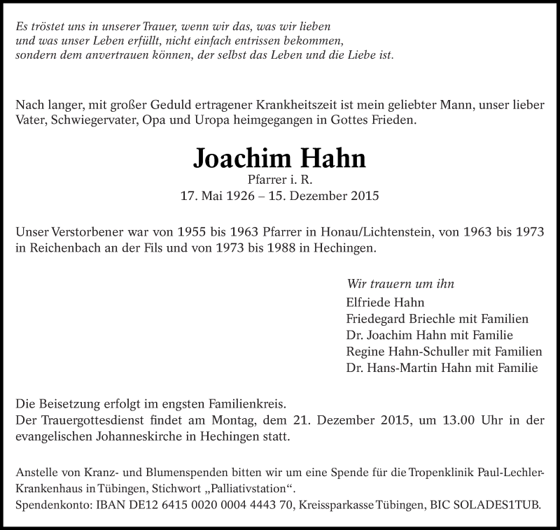  Traueranzeige für Joachim Hahn vom 17.12.2015 aus Eßlinger Zeitung/Cannstatter Zeitung