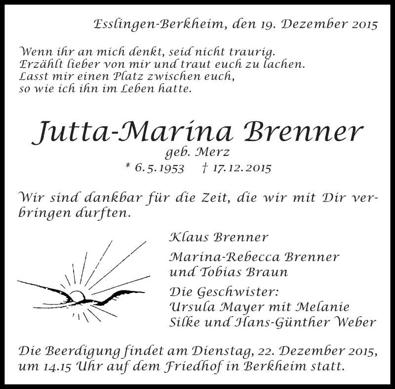  Traueranzeige für Jutta-Marina Brenner vom 19.12.2015 aus Eßlinger Zeitung/Cannstatter Zeitung