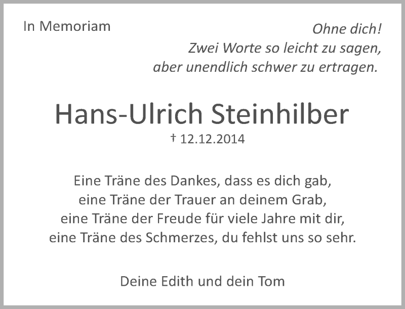  Traueranzeige für Hans-Ulrich Steinhilber vom 12.12.2015 aus Eßlinger Zeitung/Cannstatter Zeitung