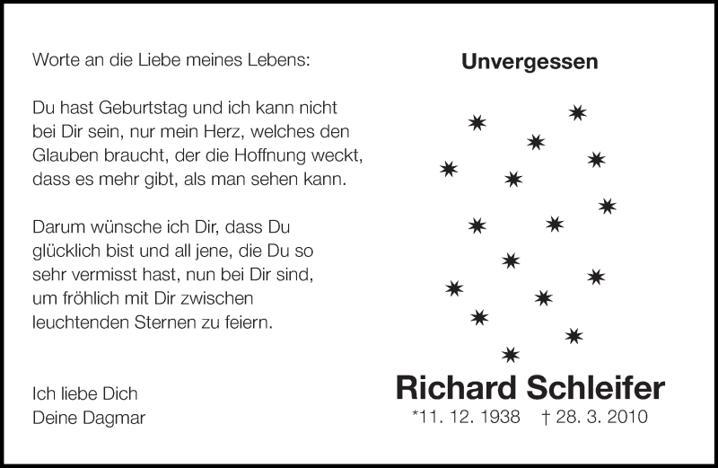  Traueranzeige für Richard Schleifer vom 11.12.2015 aus Eßlinger Zeitung/Cannstatter Zeitung