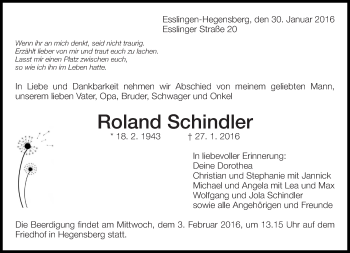 Traueranzeige von Roland Schindler von Eßlinger Zeitung/Cannstatter Zeitung