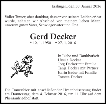Traueranzeige von Gerd Decker von Eßlinger Zeitung/Cannstatter Zeitung
