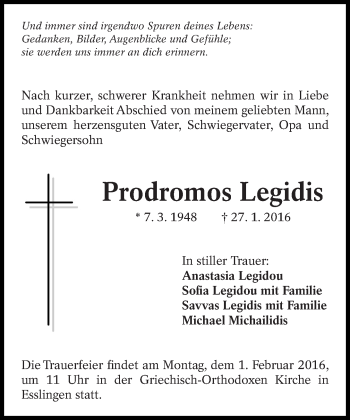 Traueranzeige von Prodromos Legidis von Eßlinger Zeitung/Cannstatter Zeitung