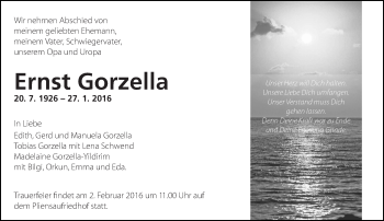 Traueranzeige von Ernst Gorzella von Eßlinger Zeitung/Cannstatter Zeitung