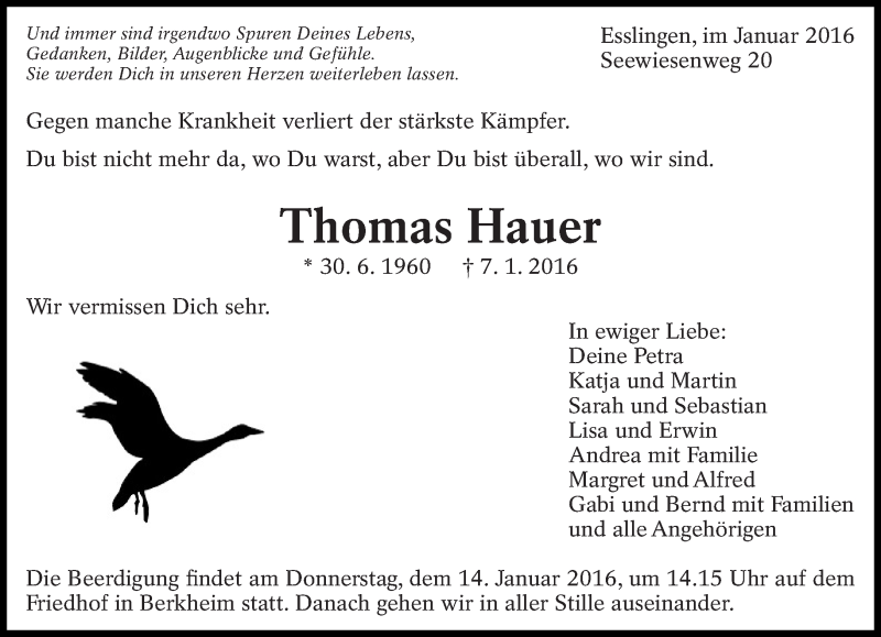  Traueranzeige für Thomas Hauer vom 12.01.2016 aus Eßlinger Zeitung/Cannstatter Zeitung