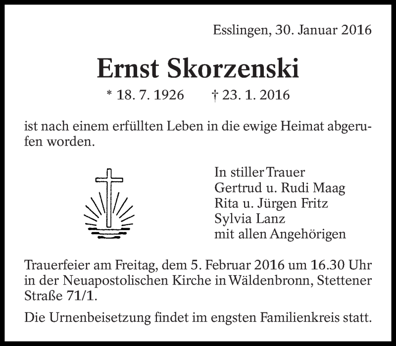  Traueranzeige für Ernst Skorzenski vom 30.01.2016 aus Eßlinger Zeitung/Cannstatter Zeitung