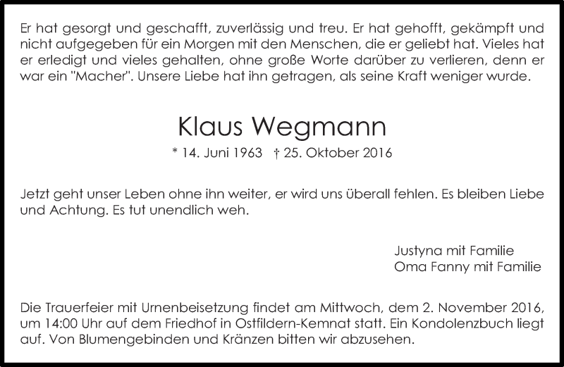  Traueranzeige für Klaus Wegmann vom 29.10.2016 aus Eßlinger Zeitung/Cannstatter Zeitung