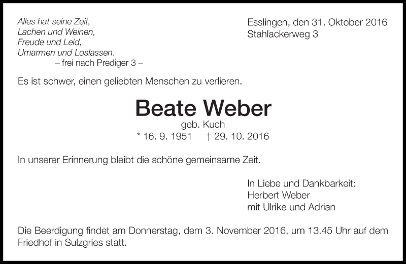  Traueranzeige für Beate Weber vom 31.10.2016 aus Eßlinger Zeitung/Cannstatter Zeitung
