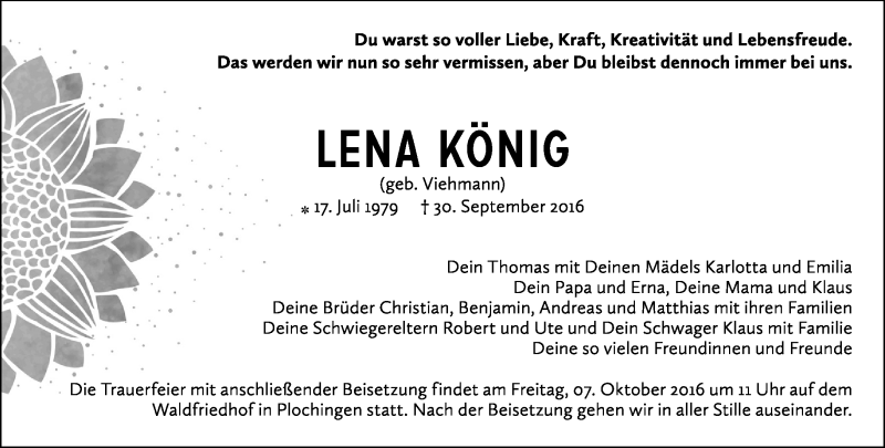  Traueranzeige für Lena König vom 05.10.2016 aus Eßlinger Zeitung/Cannstatter Zeitung