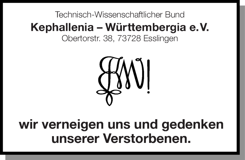  Traueranzeige für Kephallenia – Württembergia e.V. gedenkt vom 19.11.2016 aus Eßlinger Zeitung/Cannstatter Zeitung