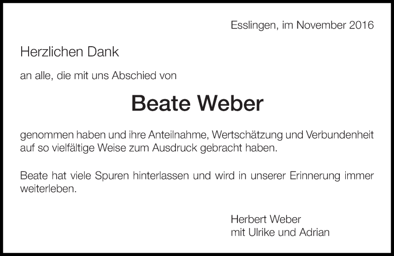  Traueranzeige für Beate Weber vom 11.11.2016 aus Eßlinger Zeitung/Cannstatter Zeitung
