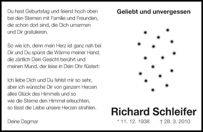  Traueranzeige für Richard Schleifer vom 10.12.2016 aus Eßlinger Zeitung/Cannstatter Zeitung