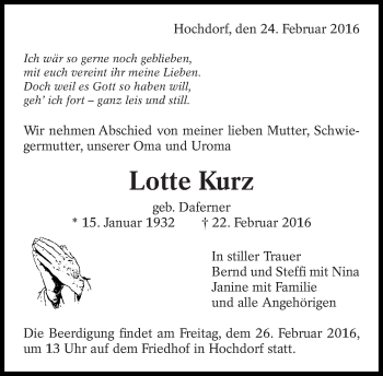 Traueranzeige von Lotte Kurz von Eßlinger Zeitung/Cannstatter Zeitung