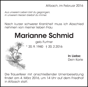Traueranzeige von Marianne Schmid von Eßlinger Zeitung/Cannstatter Zeitung