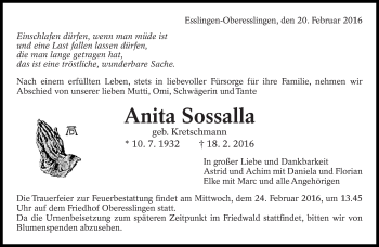 Traueranzeige von Anita Sossalla von Eßlinger Zeitung/Cannstatter Zeitung