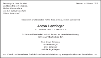 Traueranzeige von Anton Denzinger von Eßlinger Zeitung/Cannstatter Zeitung