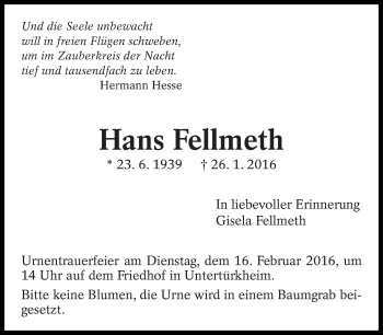 Traueranzeige von Hans Fellmeth von Eßlinger Zeitung/Cannstatter Zeitung