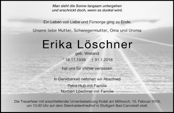 Traueranzeige von Erika Löschner von Eßlinger Zeitung/Cannstatter Zeitung