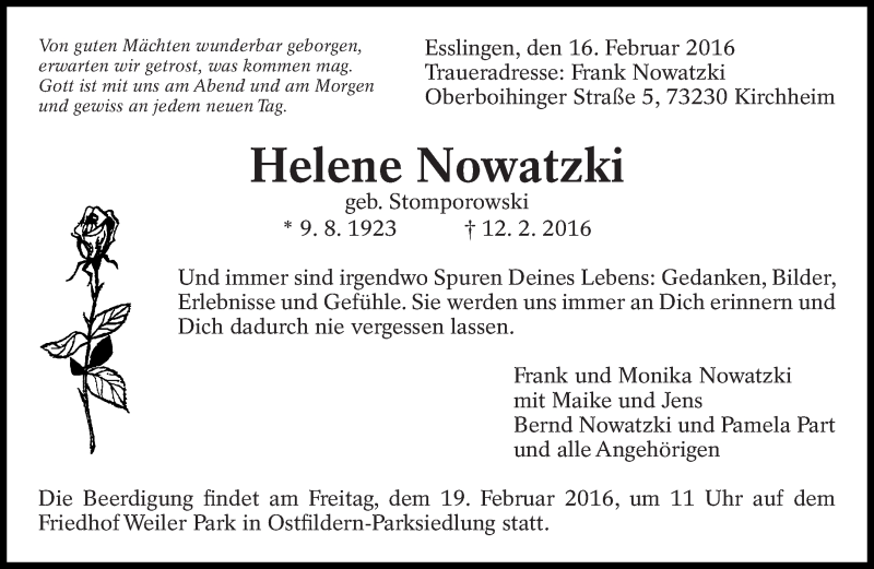  Traueranzeige für Helene Nowatzki vom 16.02.2016 aus Eßlinger Zeitung/Cannstatter Zeitung