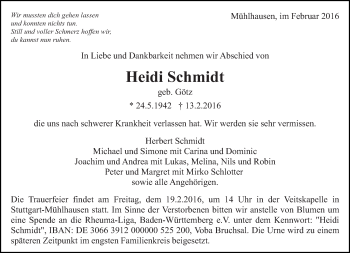 Traueranzeige von Heidi Schmidt von Eßlinger Zeitung/Cannstatter Zeitung