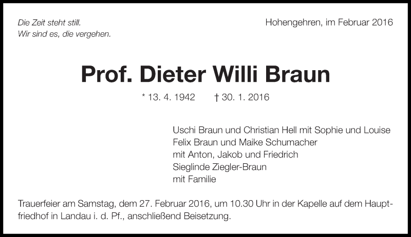  Traueranzeige für Dieter Willi Braun vom 20.02.2016 aus Eßlinger Zeitung/Cannstatter Zeitung