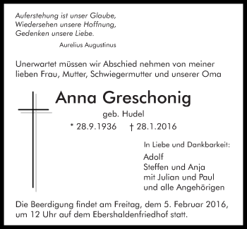 Traueranzeige von Anna Greschonig von Eßlinger Zeitung/Cannstatter Zeitung