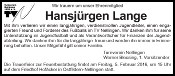 Traueranzeige von Hansjürgen Lange von Eßlinger Zeitung/Cannstatter Zeitung