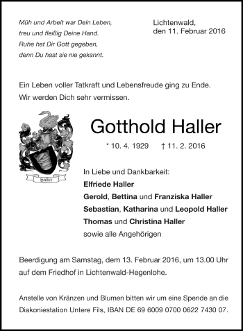 Traueranzeige von Gotthold Haller von Eßlinger Zeitung/Cannstatter Zeitung