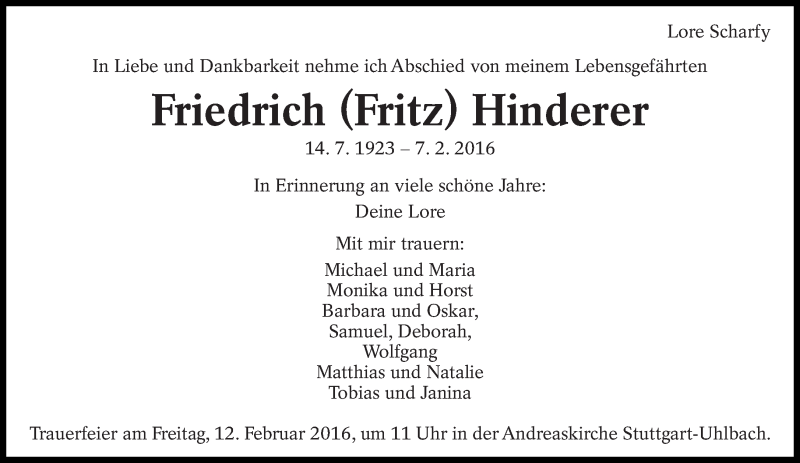  Traueranzeige für Friedrich Hinderer vom 10.02.2016 aus Eßlinger Zeitung/Cannstatter Zeitung