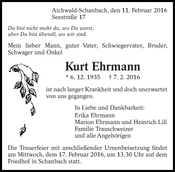 Traueranzeige von Kurt Ehrmann von Eßlinger Zeitung/Cannstatter Zeitung