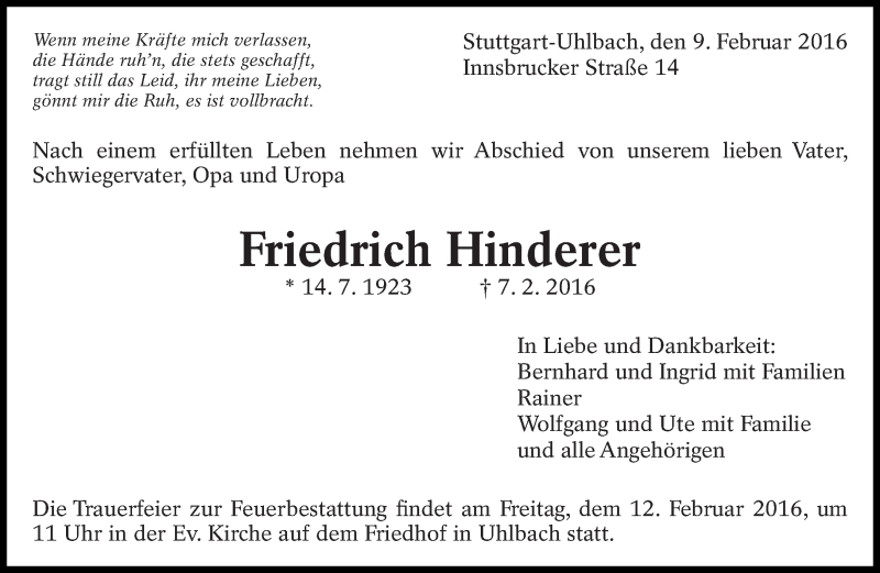  Traueranzeige für Friedrich Hinderer vom 09.02.2016 aus Eßlinger Zeitung/Cannstatter Zeitung