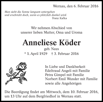 Traueranzeige von Anneliese Köder von Eßlinger Zeitung/Cannstatter Zeitung