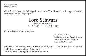 Traueranzeige von Lore Schwarz von Eßlinger Zeitung/Cannstatter Zeitung