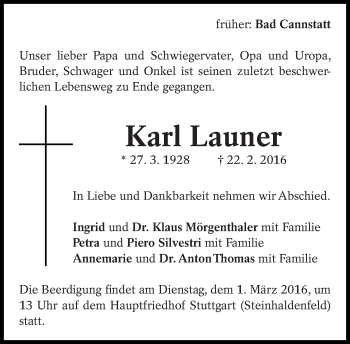 Traueranzeige von Karl Launer von Eßlinger Zeitung/Cannstatter Zeitung
