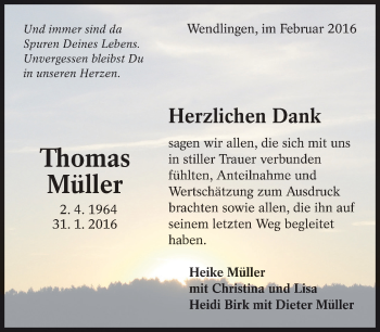 Traueranzeige von Thomas Müller von Eßlinger Zeitung/Cannstatter Zeitung