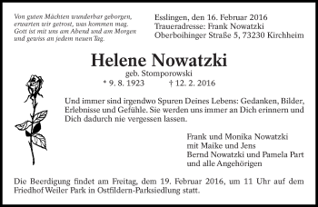 Traueranzeige von Helene Nowatzki von Eßlinger Zeitung/Cannstatter Zeitung