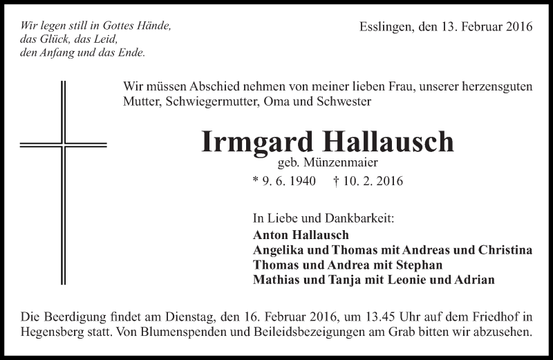  Traueranzeige für Irmgard Hallausch vom 13.02.2016 aus Eßlinger Zeitung/Cannstatter Zeitung