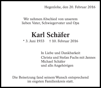 Traueranzeige von Karl Schäfer von Eßlinger Zeitung/Cannstatter Zeitung