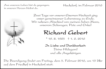 Traueranzeige von Richard Gebert von Eßlinger Zeitung/Cannstatter Zeitung
