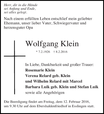 Traueranzeige von Wolfgang Klein von Eßlinger Zeitung/Cannstatter Zeitung