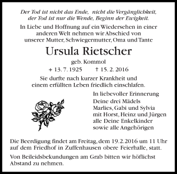 Traueranzeige von Ursula Rietscher von Eßlinger Zeitung/Cannstatter Zeitung